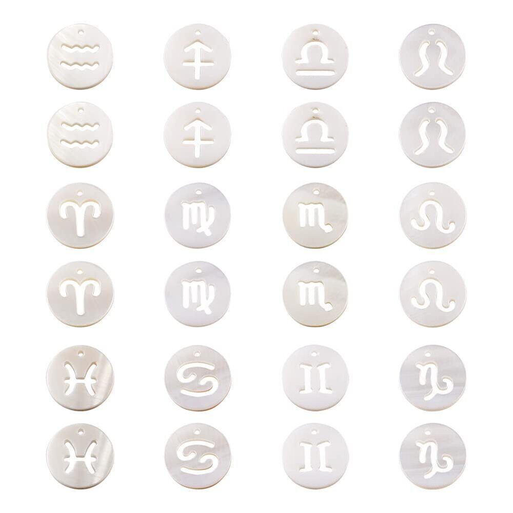 7496 24pcs Natural Freshwater Shell Charms Flat Round Zodiac Pendants 12